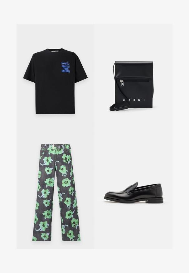 Juoda medvilnės marškinėliai trumpomis rankovėmis, su mėlynu užrašu "APSIGIKITE NUO ENERGIJOS" ir grafiniu dizainu viršutiniame kairiajame kampe.; Tamsiai pilkos gėlėmis išpaišytos kelnės su didelėmis žalios ir mėlynos spalvos gėlėmis. Pridedamas suderintas diržas su daugybe kniedžių ir skylučių.; Juodos odinės loafers, turinčios lygų paviršių, apvalią noselę ir dekoratyvinę juostą per priekinę dalį. Žemas krentantis kulnas, minimalistinis dizainas.; Juodas odinis per petį nešiojamas krepšys su užtrauktuku ant priekio, iškilminiu logotipu ir reguliuojama juosta. Lygi tekstūra su struktūrizuota forma.