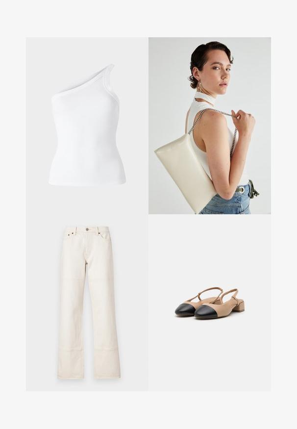 Top branco sem mangas de malha canelada com um design assimétrico de um só ombro. Textura suave, silhueta ajustada e bordas limpas.; Calças de ganga de cintura alta e perna larga, feitas de denim bege. Apresentam bolsos, fecho de botão frontal e costuras em contraste ao longo das costuras.; Sapatos de couro em bege, tipo slingback, com bico preto, salto bloco e tira ajustável. Textura lisa e design minimalista.; Bolsa de mão retangular branca, feita de material brilhante, com uma alça em corrente prateada. Modelo posa, exibindo a bolsa contra um fundo simples.