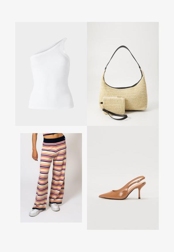 Top sin mangas de canalé blanco con un diseño asimétrico de un solo hombro. Textura suave, silueta ajustada y bordes limpios.; Los pantalones de punto de pierna ancha a rayas cuentan con rayas horizontales en rosa, amarillo, azul marino y blanco, con una pretina acanalada en azul marino y una textura suave.; Zapato de tacón tipo slingback con punta afilada en un material suave y brillante de color marrón. Presenta un diseño con corte curvado y un tacón de aguja delgado. Detalle de hebilla plateada.; Bolso de paja tejido con una silueta curva, que cuenta con una suave correa de cuero negro y un pequeño estuche a juego, sujeto por una correa de muñeca.