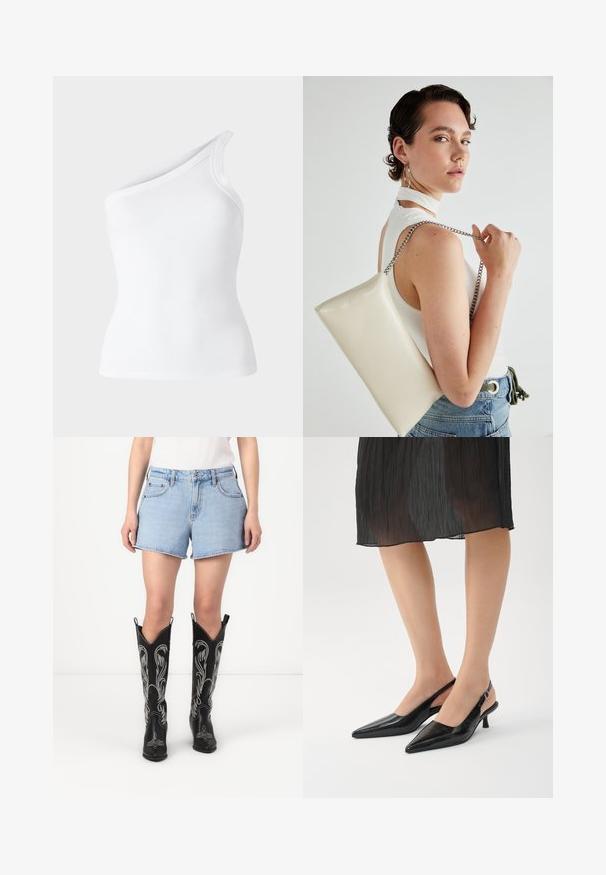 Bílý žebrovaný top bez rukávů s asymetrickým designem na jedno rameno. Hladká textura, přiléhavá silueta a čisté okraje.; Modré denimové šortky s klasickým střihem, doplněné o černé kožené kovbojské boty s bílými vyšívanými vzory a špičatou špičkou.; Černé slingback lodičky se špičatou špičkou a lesklým povrchem, štíhlým podpatkem a otevřenou zadní částí. Texturovaný vzor na svrchním materiálu.; Bílá obdélníková psaníčko vyrobené z lesklého materiálu, se stříbrným řetízkovým popruhem. Modelka pózuje a předvádí tašku na jednobarevném pozadí.