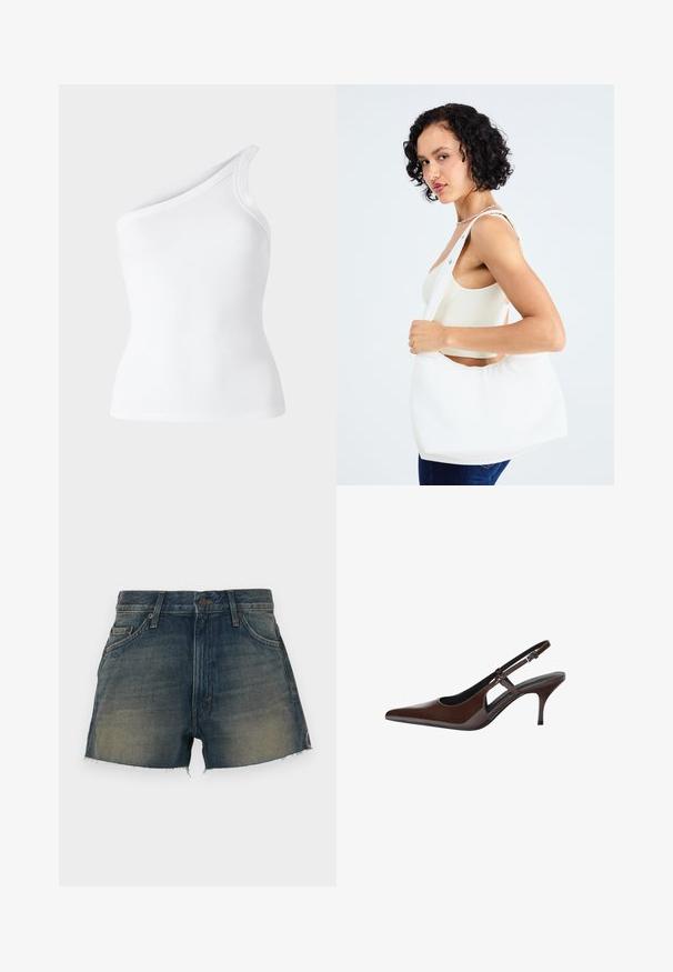 Weißes, geripptes, ärmelloses Oberteil mit asymmetrischem Design über einer Schulter. Glatte Textur, figurbetonter Schnitt und saubere Kanten.; Dunkelblaue Jeans-Shorts mit einem ausgewaschenen Look. Verfügt über einen Knopfverschluss, fünf Taschen und einen ausgefransen Saum. Rohe Kanten sorgen für Textur.; Braune Lackleder-Slingback-Pumps mit spitzem Zeh, offenen Ausschnitten und dünnem Absatz. Mit verstellbarem Schnallenriemen.; Weißer Schultertasche aus glattem Material mit ovalem Ausschnitt und breitem Tragegurt. Einfach und modern, ohne sichtbare Hardware.