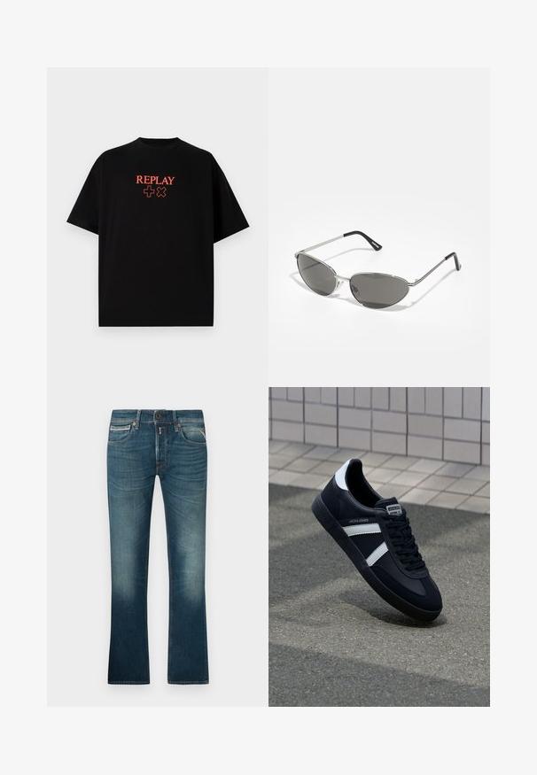 Fekete pamut póló rövid ujjakkal, kerek nyakkal, középre helyezett piros "REPLAY" logóval és szimbólumokkal a mellkason.; Kék farmernadrág, elhalványodott mosással, öt zsebbel, cipzáras záródással és egyenes szárú dizájnnal. Kontrasztos cérnával varrt varratok.; Fekete bőr sportcipő fehér csíkokkal, textúrált gumitalppal és fűzős elejével. A nyelvén márkás címke található.; Sötétített lencsékkel rendelkező napszemüveg, elegáns, ezüst színű fém vázzal, aerodinamikus kialakítással, hegyes szélekkel és vékony szárakkal.