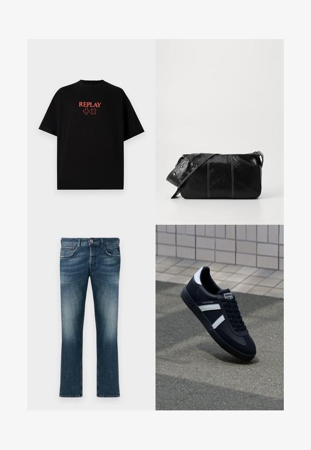 Camiseta de algodón negra con mangas cortas, cuello redondo, que presenta un logo rojo de "REPLAY" y símbolos alineados centralmente en el pecho.; Tejanos de denim en azul oscuro con un acabado desgastado. Presentan un diseño clásico de cinco bolsillos, corte recto y un botón de acento rojo.; Zapatilla de cuero negra con rayas blancas, suela de goma texturizada y parte frontal con cordones. Cuenta con una etiqueta de marca en la lengüeta.; Bolso de hombro de cuero negro con cierre de cremallera, que presenta un cuerpo texturizado, costuras blancas y una correa con ojales plateados.