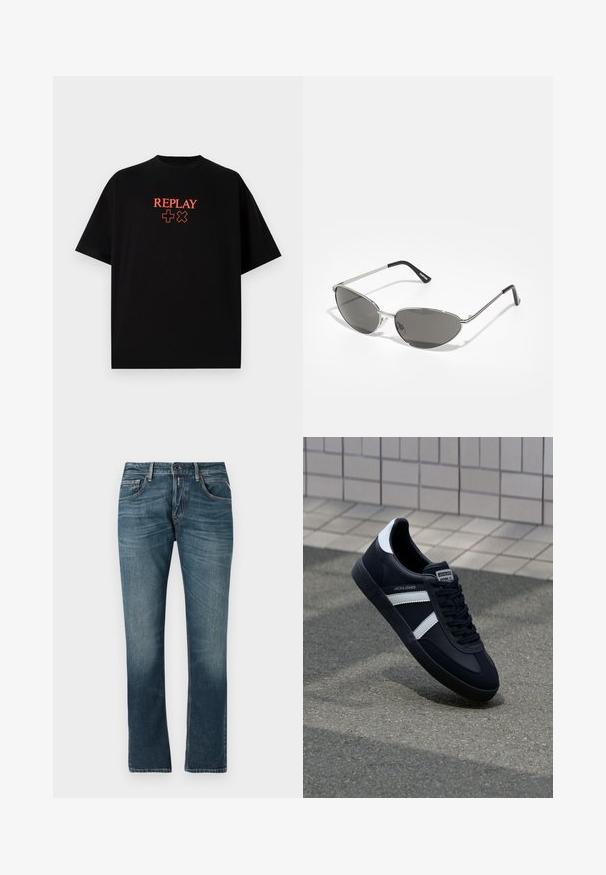 Melns kokvilnas T-krekls ar īsām piedurknēm, apaļu kakla izgriezumu, ar sarkanu "REPLAY" logo un simboliem centrāli uz krūšu daļas.; Zilas džinsus bikses ar taisnu kāju piegriezumu, izbalējušo krāsu, piecu kabatu dizainu un kontrastējošām šuvēm. Pogas un rāvējslēdzēja aizdare.; Melnā ādas sporta apavi ar baltām svītrām, teksturēta gumijas zole un auklu aizdare. Iekļauj zīmola etiķeti uz mēles.; Saulesbrilles ar elegantu sudraba metāla rāmi, pelēkās nokrāsas lēcām un aerodinamisku dizainu, kas izceļas ar izliektiem stūriem un plānām kājām.