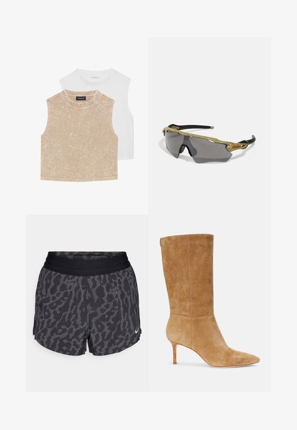 Two sleeveless crop tops: one soft beige with a textured surface and one smooth white. Both feature a round neckline and stitched hems.; Black and gray leopard print shorts with a wide elastic waistband, featuring a subtle sheen and a small white Nike logo on the lower right.; Lauren Ralph Lauren LEANNAH SUEDE BOOT - Boots - camel; Sport sunglasses with a green patterned frame, black arms, and gray lenses. The design features a wraparound style with a bold, sporty shape.
