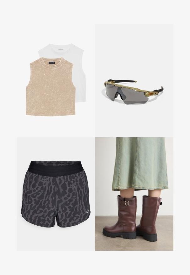 Dois tops cropped sem mangas: um bege suave com uma superfície texturizada e um branco liso. Ambos apresentam um decote redondo e costuras nas bordas.; Calções de padrão de leopardo em preto e cinza com uma cintura elástica larga, apresentando um brilho subtil e um pequeno logotipo da Nike em branco no canto inferior direito.; Botas altas de couro castanho com um acabamento texturizado, apresentando um detalhe de fivela lateral e solas chunky de borracha preta.; Óculos de sol desportivos com uma armação padrão verde, braços pretos e lentes cinzentas. O design apresenta um estilo envolvente com uma forma ousada e desportiva.