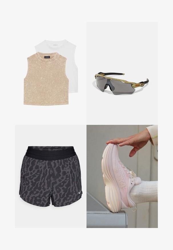 To sleeveless crop topper: en myk beige med teksturert overflate og en glatt hvit. Begge har rund hals og sydd sømmer.; Sorte og grå leopardmønstrede shorts med vid elastisk talje, med en subtil glans og et lille hvidt Nike-logo nederst til højre.; HOKA BONDI 8 - Løpesko for vei - cosmic pearl; Sport solbriller med en grønnmønstret ramme, svarte armer og grå linser. Designet har en innpakningsstil med en dramatisk, sporty form.