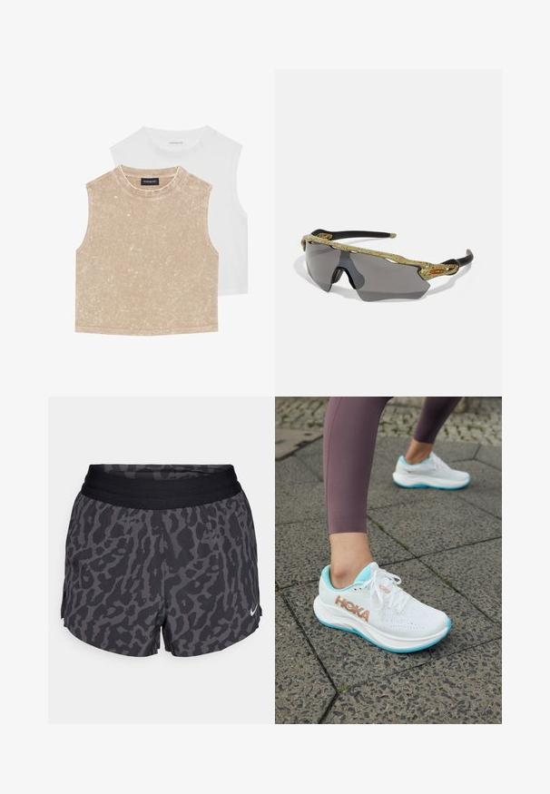 Two sleeveless crop tops: one soft beige with a textured surface and one smooth white. Both feature a round neckline and stitched hems.; Black and gray leopard print shorts with a wide elastic waistband, featuring a subtle sheen and a small white Nike logo on the lower right.; HOKA RINCON 4 - Road running shoes - frost/rose gold; Sport sunglasses with a green patterned frame, black arms, and gray lenses. The design features a wraparound style with a bold, sporty shape.
