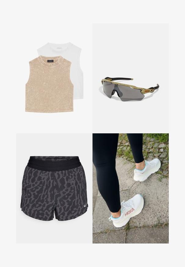 Divi bezpiecīgo izdilis topi: viens mīksts bēšīgs ar tekstūru un otrs gluds balts. Abiem ir apaļa kakla izgriezums un šuvju apdare.; Melnas un pelēkas leoparda raksta šortus ar platām elastīgām jostām, ar vieglu spīdumu un mazu balto Nike logotipu apakšējā labajā stūrī.; HOKA BONDI 8 - Apavi skriešanai pa asfaltu - frost/rose gold; Sporta saulesbrilles ar zaļu rakstainu rāmi, melnām kājām un pelēkiem stikliem. Dizains ietver apņemšanas stilu ar izteiksmīgu, sportisku formu.