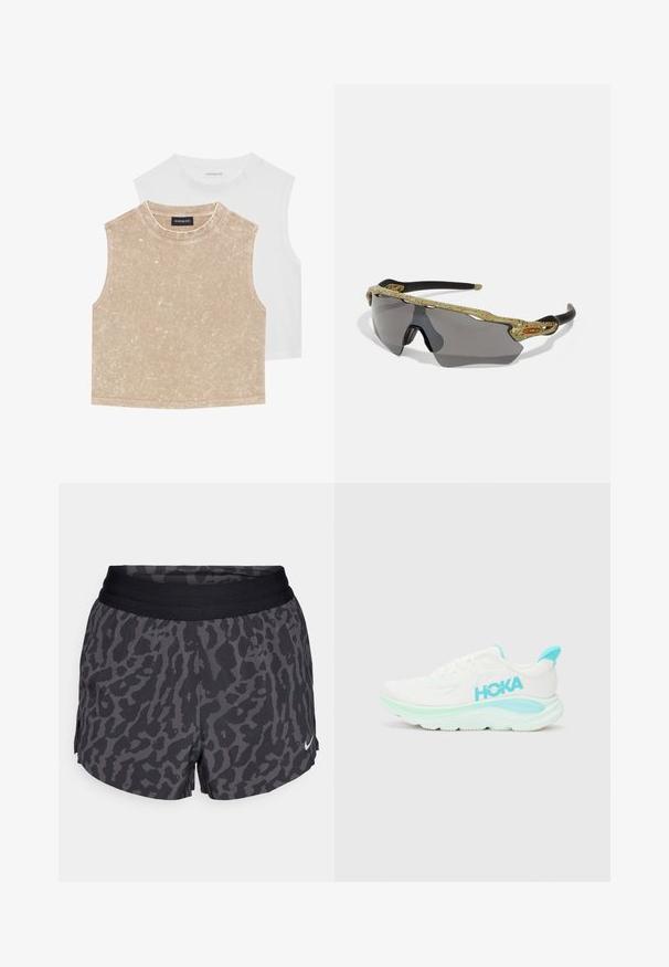 Két ujjatlan crop top: az egyik puha bézs, texturált felülettel, a másik sima fehér. Mindkettő kerek nyakkivágással és varrott szegéllyel rendelkezik.; Fekete és szürke leopárdmintás rövidnadrág széles elasztikus derékkal, diszkrét fényes felülettel és egy kis fehér Nike logóval az alsó jobb oldalon.; Fehér sportcipő világos kék részletekkel; hálós felsőrész, párnázott boka része, vastag középtalpas, és texturált talp a tapadás érdekében. HOKA logó feltüntetve.; Zöld mintás kerettel, fekete szárakkal és szürke lencsékkel rendelkező sport napszemüveg. A dizájn körbeölelő stílust és merész, sportos formát mutat.