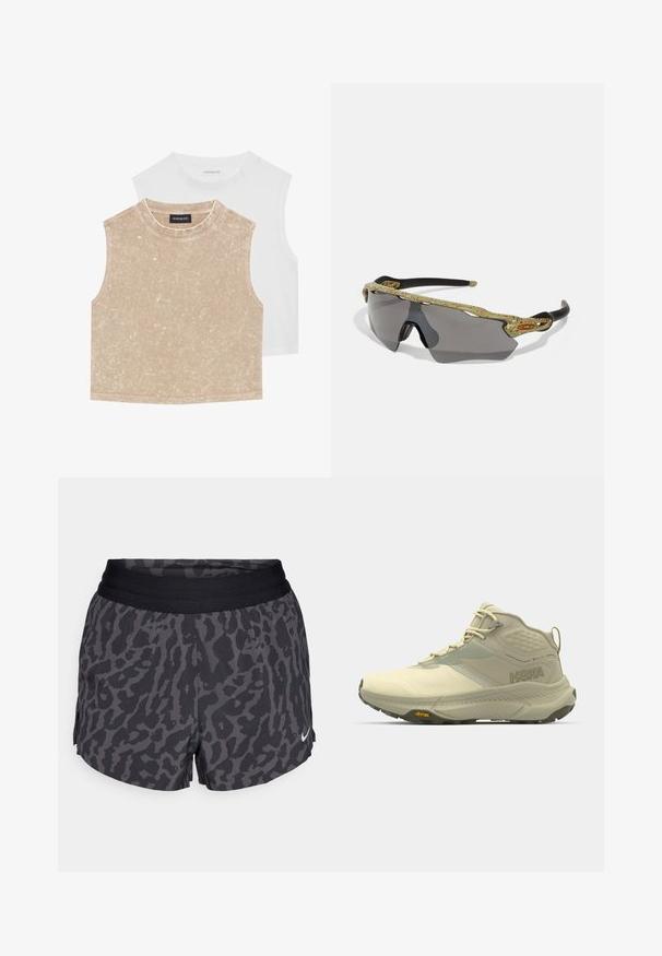 Divi bezpiecīgo izdilis topi: viens mīksts bēšīgs ar tekstūru un otrs gluds balts. Abiem ir apaļa kakla izgriezums un šuvju apdare.; Melnas un pelēkas leoparda raksta šortus ar platām elastīgām jostām, ar vieglu spīdumu un mazu balto Nike logotipu apakšējā labajā stūrī.; Hoka pārgājienu zābaki gaiši bēšā krāsā, ar teksturētu virsu, auklu aizdari un Vibram zoli. Ievērojams sānu logo un atbalstoša konstrukcija.; Sporta saulesbrilles ar zaļu rakstainu rāmi, melnām kājām un pelēkiem stikliem. Dizains ietver apņemšanas stilu ar izteiksmīgu, sportisku formu.