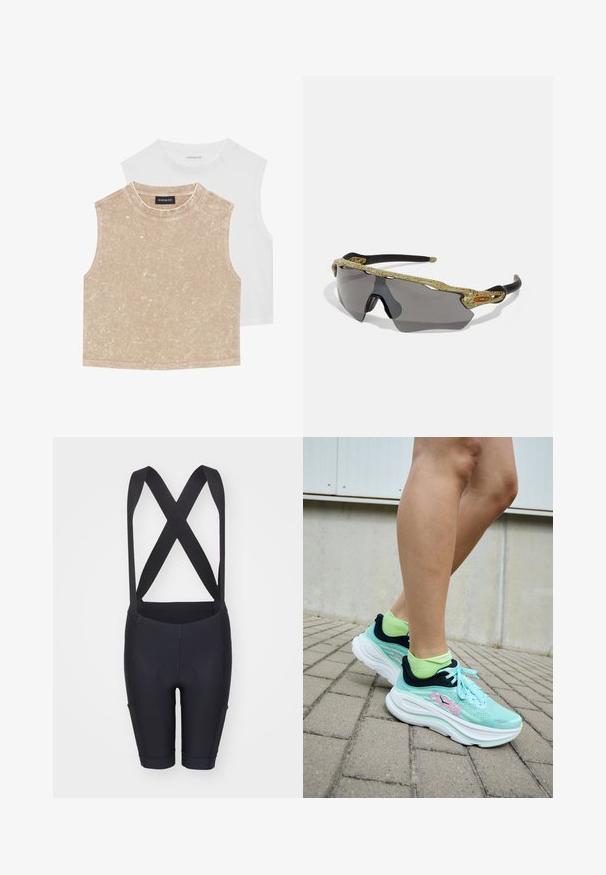 Dos tops cortos sin mangas: uno de un suave beige con una superficie texturada y otro blanco liso. Ambos presentan un escote redondo y dobladillos cosidos.; Pantalones cortos de ciclismo negros con tirantes, que cuentan con una textura suave, área de asiento acolchada y un diseño ajustado para mayor comodidad y soporte.; Zapatillas HOKA en azul claro con acentos en azul oscuro y logotipo rosa; parte superior de malla y suela blanca gruesa; combinadas con calcetas verdes brillantes.; Gafas de sol deportivas con un marco de patrón verde, brazos negros y lentes grises. El diseño cuenta con un estilo envolvente con una forma atrevida y deportiva.