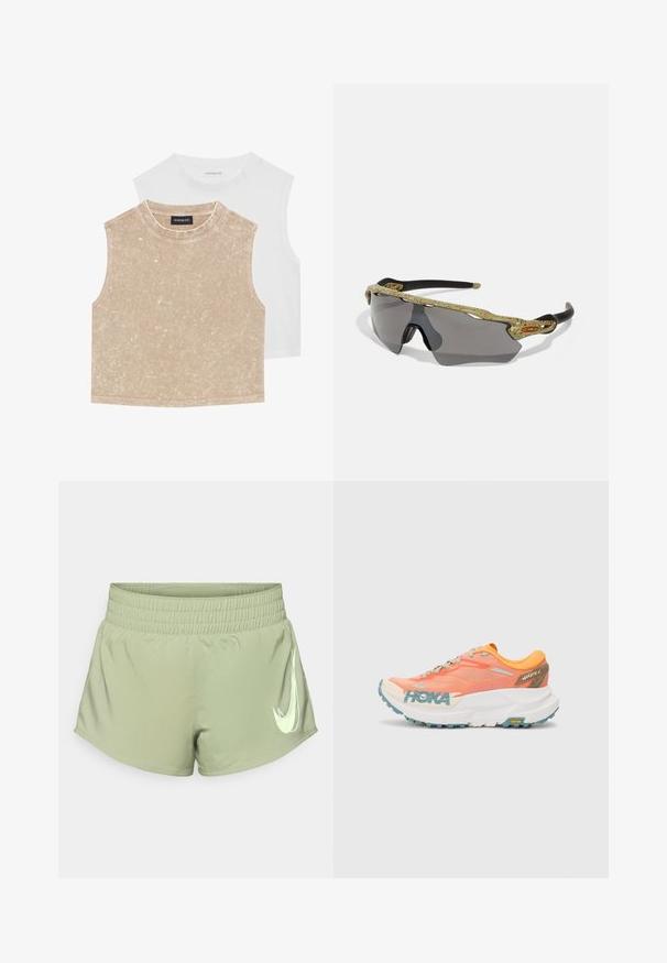 Δύο αμάνικα cropped μπλουζάκια: ένα μαλακό μπεζ με υφή και ένα λεία λευκό. Και τα δύο διαθέτουν στρογγυλή λαιμόκοψη και ραμμένα τελειώματα.; Ανοιχτό πράσινα αθλητικά σορτς με ελαστική μέση, που διαθέτουν το χαρακτηριστικό λευκό λογότυπο Nike στο κάτω δεξί μέρος.; Πορτοκαλί και ροζ αθλητικό παπούτσι τρεξίματος με επάνω μέρος από δίχτυ, λευκή μεσαία σόλα, εξωτερική σόλα Vibram και ανοιχτό μπλε λεπτομέρειες. Διαθέτει την επωνυμία HOKA στο πλάι.; Αθλητικά γυαλιά ηλίου με πράσινο κα patterned, μαύρους βραχίονες και γκρι φακούς. Ο σχεδιασμός διαθέτει περιτυλιγμένο στυλ με τολμηρή, αθλητική μορφή.