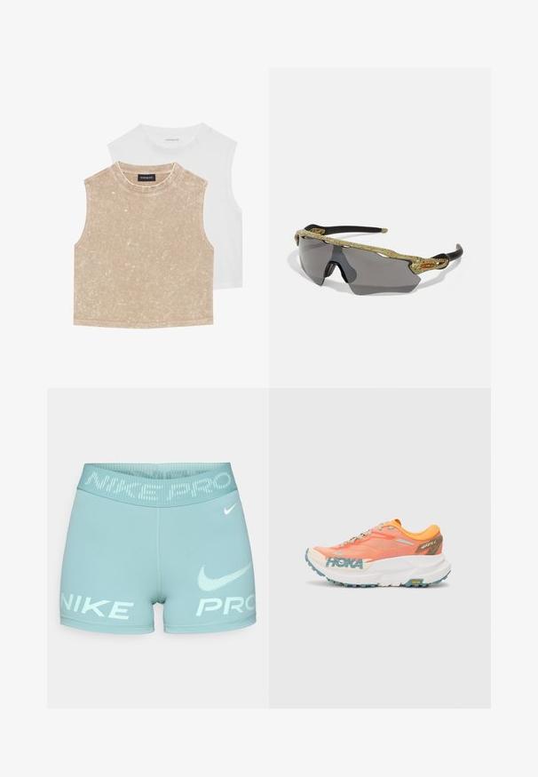 Dve brezne kratke majice: ena mehka bež z teksturirano površino in ena gladka bela. Obe imata okroglo ovratnico in šivane robove.; Svetlo modri ženski kratki hlače, izdelani iz fleksibilnega materiala, z širokim pasom in napisom ter logotipom "NIKE PRO" v beli barvi.; Oranžno-roza tekaški čevlji z mrežastim zgornjim delom, belim srednjim podplatom, Vibram zunanjim podplatom in svetlo modrimi detajli. Na strani je oznaka HOKA.; Športne sončna očala z okvirjem z zelenim vzorcem, črnimi ročaji in sivimi lečami. Oblika vključuje zavit stil z drznimi, športnimi linijami.