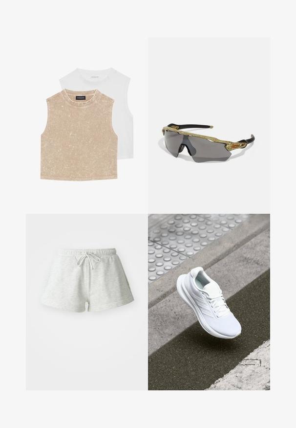 Divi bezpiecīgo izdilis topi: viens mīksts bēšīgs ar tekstūru un otrs gluds balts. Abiem ir apaļa kakla izgriezums un šuvju apdare.; Gaiši pelēki kokvilnas šorti ar aukliņu jostā, ar mīkstu tekstūru un brīvu piegriezumu, beidzoties virs vidukļa vidus.; Balta sporta apava, kas izgatavota no acu materiāla, ar sasaistes dizainu un teksturētu zoli. Redzamas smalkas zīmola detaļas un bezšuvju konstrukcija.; Sporta saulesbrilles ar zaļu rakstainu rāmi, melnām kājām un pelēkiem stikliem. Dizains ietver apņemšanas stilu ar izteiksmīgu, sportisku formu.