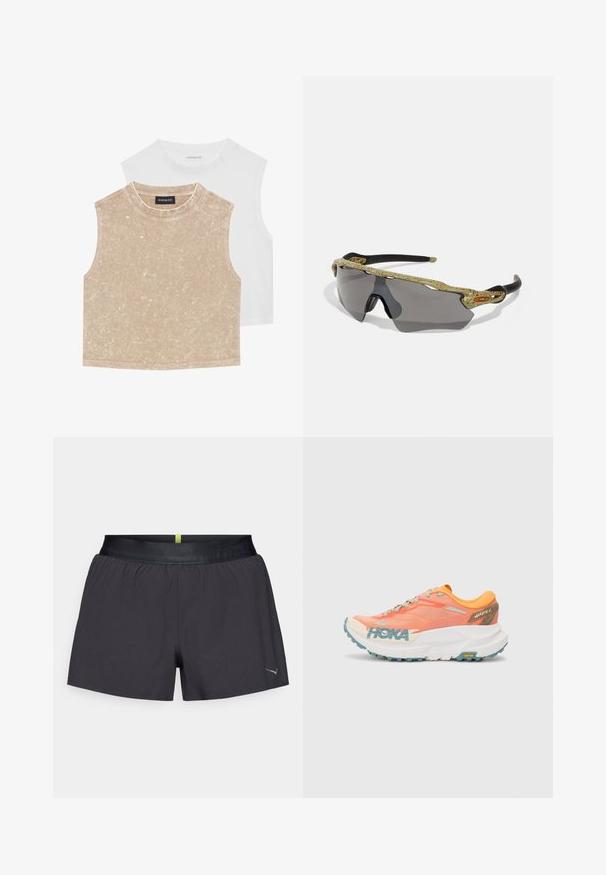 To sleeveless crop topper: en myk beige med teksturert overflate og en glatt hvit. Begge har rund hals og sydd sømmer.; Svarte treningsshorts med elastisk liv, og en subtil grønn detalj bak. Laget av lett materiale, med en logo nederst.; Oransje og rosa løpesko med mesh-overdel, hvit mellomsåle, Vibram yttersåle og lyseblå detaljer. Har HOKA-merke på siden.; Sport solbriller med en grønnmønstret ramme, svarte armer og grå linser. Designet har en innpakningsstil med en dramatisk, sporty form.