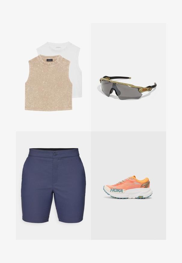 Két ujjatlan crop top: az egyik puha bézs, texturált felülettel, a másik sima fehér. Mindkettő kerek nyakkivágással és varrott szegéllyel rendelkezik.; Sötétkék rövidnadrág sima szövetből, gombos záródással, övhurkokkal és testhezálló szabással, tiszta szegéllyel.; Narancssárga és rózsaszín futócipő, hálós felsőrésszel, fehér középtalppal, Vibram talppal és világoskék részletekkel. Az oldalán HOKA felirat található.; Zöld mintás kerettel, fekete szárakkal és szürke lencsékkel rendelkező sport napszemüveg. A dizájn körbeölelő stílust és merész, sportos formát mutat.