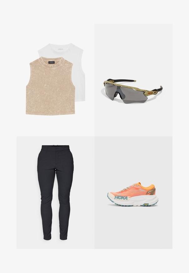 Dva bezrukávové crop topy: jeden mäkký béžový s textúrovaným povrchom a druhý hladký biely. Obe majú okrúhly výstrih a prešité okraje.; Čierne, slim-fit nohavice vyrobené z elastického materiálu. Majú pás a pútka na opasok, predný zips a gombík. Bez viditeľných vzorov.; Oranžovo-ružové bežecké topánky s hornou časťou z jemnej sieťoviny, bielou medzipodrážkou, Vibram podrážkou a svetlomodrými akcentmi. Na boku sa nachádza značka HOKA.; Športové slnečné okuliare so zeleným vzorovaným rámom, čiernymi stranami a šedými šošovkami. Dizajn obsahuje okrúhly štýl s odvážnym, športovým tvarom.