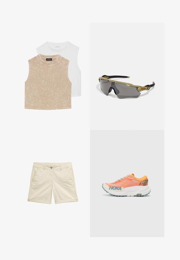 Dve brezne kratke majice: ena mehka bež z teksturirano površino in ena gladka bela. Obe imata okroglo ovratnico in šivane robove.; Bež hlače iz tkanine, ki vključujejo štiri žepe, zapiranje na gumb in zavihane robove za urejen videz.; Oranžno-roza tekaški čevlji z mrežastim zgornjim delom, belim srednjim podplatom, Vibram zunanjim podplatom in svetlo modrimi detajli. Na strani je oznaka HOKA.; Športne sončna očala z okvirjem z zelenim vzorcem, črnimi ročaji in sivimi lečami. Oblika vključuje zavit stil z drznimi, športnimi linijami.