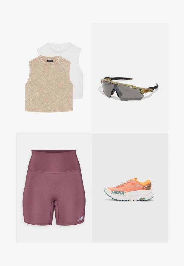Two sleeveless crop tops: one soft beige with a textured surface and one smooth white. Both feature a round neckline and stitched hems.; High-waisted athletic shorts in muted purple, featuring a smooth, stretchy fabric and a small logo on the lower left leg.; Orange and pink running shoe with mesh upper, white midsole, Vibram outsole, and light blue accents. Features HOKA branding on the side.; Sport sunglasses with a green patterned frame, black arms, and gray lenses. The design features a wraparound style with a bold, sporty shape.