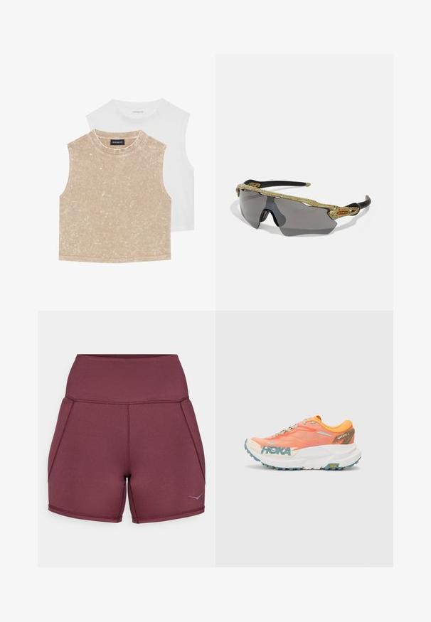 Due top corti senza maniche: uno di un morbido beige con una superficie testurizzata e l'altro di un bianco liscio. Entrambi presentano un collo rotondo e orli cuciti.; Pantaloni sportivi bordeaux realizzati in tessuto elasticizzato, con vita alta, pannelli laterali e un piccolo logo accentato sul lato inferiore.; Scarpa da corsa arancione e rosa con tomaia in mesh, intersuola bianca, suola Vibram e dettagli in azzurro. Presenta il marchio HOKA sul lato.; Occhiali da sole sportivi con montatura a motivo verde, aste nere e lenti grigie. Il design presenta uno stile avvolgente con una forma audace e sportiva.