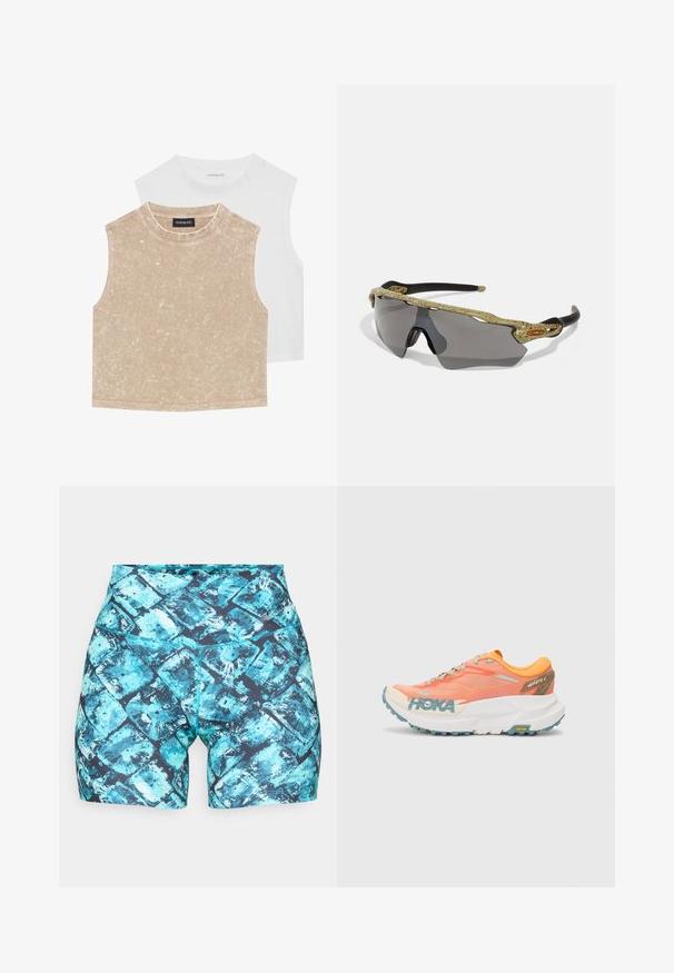 To sleeveless crop topper: en myk beige med teksturert overflate og en glatt hvit. Begge har rund hals og sydd sømmer.; Fargerike kompresjonsshorts laget av elastisk stoff, med et blått og teal abstrakt mønster med svarte detaljer og høyt liv-design.; Oransje og rosa løpesko med mesh-overdel, hvit mellomsåle, Vibram yttersåle og lyseblå detaljer. Har HOKA-merke på siden.; Sport solbriller med en grønnmønstret ramme, svarte armer og grå linser. Designet har en innpakningsstil med en dramatisk, sporty form.