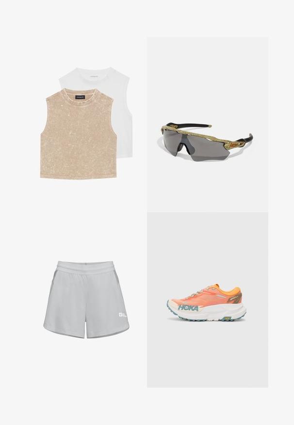 Zwei ärmellose Croptops: eines in sanftem Beige mit einer strukturierten Oberfläche und eines in glattem Weiß. Beide verfügen über einen runden Halsausschnitt und gestickte Säume.; Hellgraue Sportshorts aus leichtem Material. Elastischer Bund, zwei seitliche Taschen und Jack Wolfskin-Logo auf der Vorderseite.; Oranges und pinkes Laufband mit Obermaterial aus Mesh, weißer Zwischensohle, Vibram-Laufsohle und hellblauen Akzenten. Verfügt über HOKA-Branding an der Seite.; Sportsonnenbrille mit einem grünen gemusterten Rahmen, schwarzen Bügeln und grauen Gläsern. Das Design verfügt über eine Wraparound-Form mit einer auffälligen, sportlichen Silhouette.