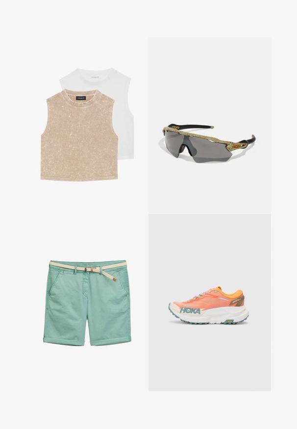 Dwa bezrękawnikowe topy crop: jeden miękki beżowy o teksturowanej powierzchni, a drugi gładki biały. Oba mają okrągły dekolt i przeszywane brzegi.; Jasnozielone bawełniane szorty z podwiniętym dołem oraz dwoma bocznymi kieszeniami. Posiadają pleciony kremowy pasek z małym brązowym akcentem.; Pomarańczowe i różowe buty biegowe z siateczkową cholewką, białą podeszwą środkową, podeszwą Vibram oraz jasnoniebieskimi akcentami. Zawierają logo HOKA na boku.; Okulary przeciwsłoneczne sportowe z zielonym wzorzystym oprawkiem, czarnymi ramionami i szarymi szkłami. Projekt charakteryzuje się stylem owinięcia wokół głowy i odważnym, sportowym kształtem.