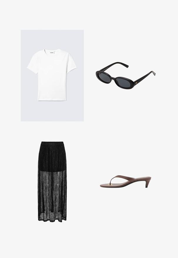 Vit t-shirt med korta ärmar i bomull, med rund halsringning och rak nederkant. Minimalistisk design utan synliga mönster eller detaljer.; Svart spets maxikjol med en genomskinlig överdel, som har ett blommönster och en elastisk midja för bekvämlighet. Lång, flödig silhuett.; Bruna klackflip-flopsandaler med en smal rem och rund tåpost, med en liten guldaccent på fotbädden.; Svarta överdimensionerade solglasögon med ovala linser, slät plastbåge och guldaccent på bågarna. Mörka linser ger solskydd.