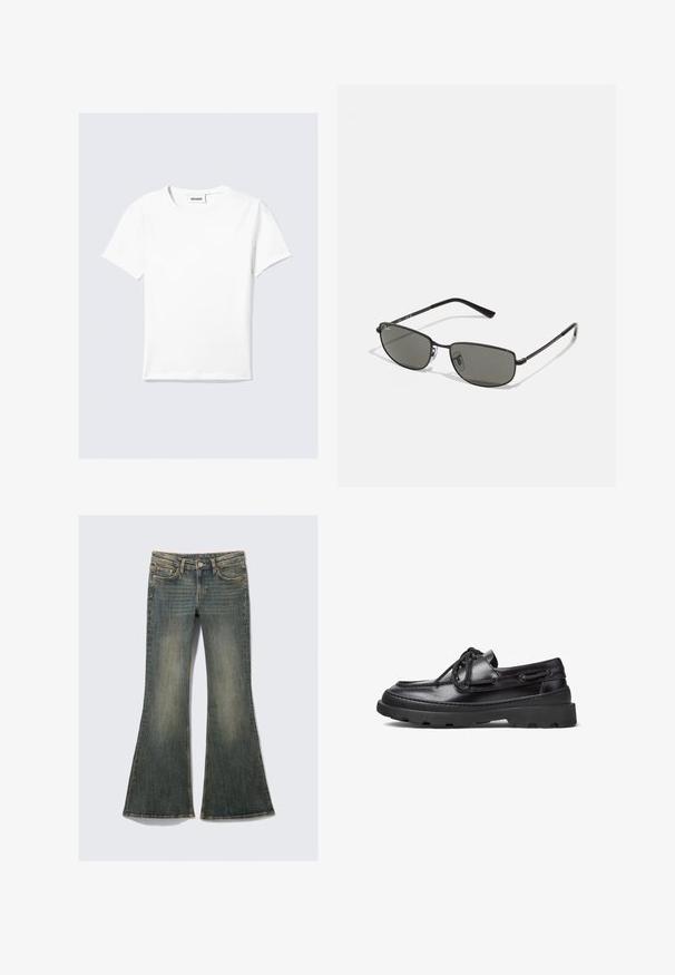 Fehér, rövid ujjú pamut póló, kerek nyakkivágással és egyenes szegéllyel. Minimalista kialakítás, látható minták vagy díszítések nélkül.; Feszült farmernadrág halványkék színben, klasszikus öt zsebes dizájnnal, enyhe textúrával és látható varrás részletekkel.; Fekete bőrből készült csónakcipők, lekerekített orral, fűzős kialakítással, varrott díszítéssel és vastag gumitalppal, amely tapadós mintázattal rendelkezik.; Fekete fémkeretes napszemüveg téglalap alakú lencsékkel. Karcsú dizájn jellemzi, szürke árnyalatú lencsékkel, így minimalista stílust képvisel.