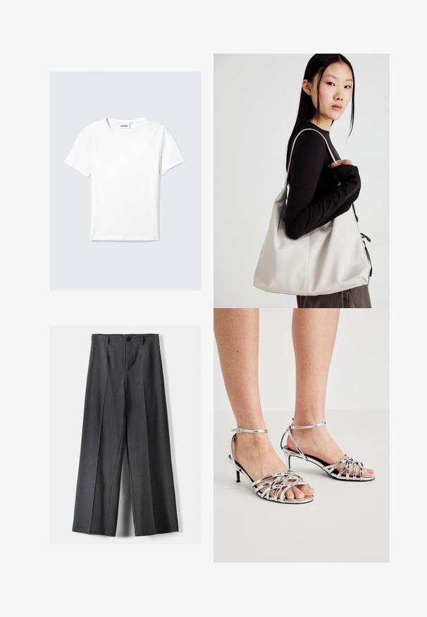 Tricou alb cu mâneci scurte din bumbac, prevăzut cu guler rotund și tiv drept. Design minimalist, fără modele sau accente vizibile.; Pantaloni evazați din țesătură gri închis, cu închidere cu buton, pliseuri frontale și curea. Textură netedă cu un design ajustat.; Sandale argintii cu barete, design încrucișat, vârf deschis și toc subțire stiletto. Include o curea delicată pentru suportul gleznei.; Geantă bej din material moale, cu un design lejer, detalii cusute și două bretele pentru umăr. Potrivită pentru utilizarea zilnică.
