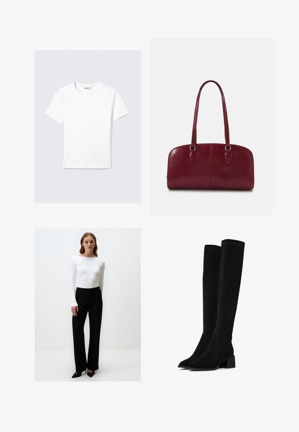 Weißes kurzärmeliges T-Shirt aus Baumwolle, mit rundem Ausschnitt und geradem Saum. Minimalistisches Design ohne sichtbare Muster oder Akzente.; Weißes, geripptes Langarmoberteil kombiniert mit hochgeschnittenen, schwarzen, weiten Hosen und schwarzen, spitzen Pumps, minimalistisches Design, keine Muster.; Schwarze Overknee-Stiefel aus weichem, strukturiertem Material. Mit Blockabsatz, spitz zulaufender Zehenpartie und sichtbaren Nahtdetails.; Zign LEATHER - Handtasche - dark red