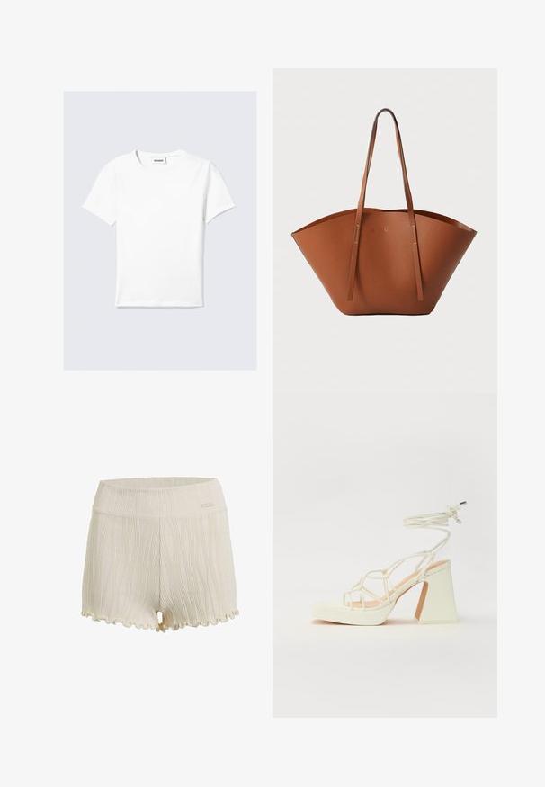 White short-sleeve t-shirt made of cotton, featuring a round neck and a straight hem. Minimalist design with no visible patterns or accents.; Cotton shorts in off-white with textured vertical lines, scalloped hem, and a smooth waistband featuring a small logo accent.; White high-heeled sandal with a chunky heel, featuring a strappy design and ankle tie. Smooth texture with a platform front for added height.; Brown leather tote bag with a wide, structured shape, thin handles, and a textured finish. Features minimalistic design with no visible hardware.