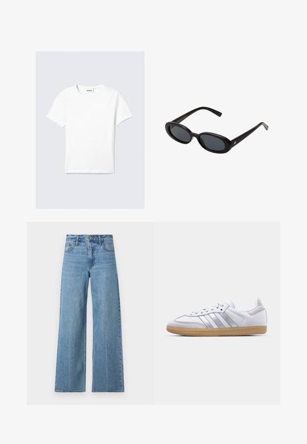 Valge puuvillane lühikeste varrukatega T-särk, millel on ümar kaelus ja sirge äärepael. Minimalistlik disain ilma nähtavate mustrite või aktsentideta.; Heledad sinine laia säärega teksapüksid, mis on valmistatud denimist, kõrge vöökohaga, kontrastsete õmblustega ja viie taskuga, nuppude sulgemisega.; Valged tennisetega, millel on hõbedased kolm triipud ja kummist tallad, ümar varvas, sile nahast pealis ja tekstuuriga detailid kandadel.; Mustad mustad prillid ovaalsete läätsedega, sujuvast plastmassraamist ja kuldsete aktsentidega tempel. Tumedaid läätsi, mis pakuvad päikese kaitset.
