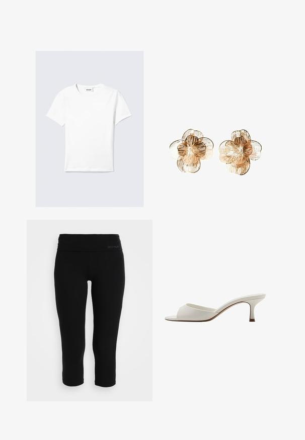 White short-sleeve t-shirt made of cotton, featuring a round neck and a straight hem. Minimalist design with no visible patterns or accents.; Black capri leggings made of stretchy fabric. Features a wide waistband with subtle branding. Smooth texture and form-fitting design.; White open-toed high-heeled mules with a smooth finish, minimalist design, and a slender heel, featuring a subtle brown accent on the sole.; Gold-tone flower-shaped earrings with textured petals and a central bead. Features layered design for added dimension. Lightweight metallic material.