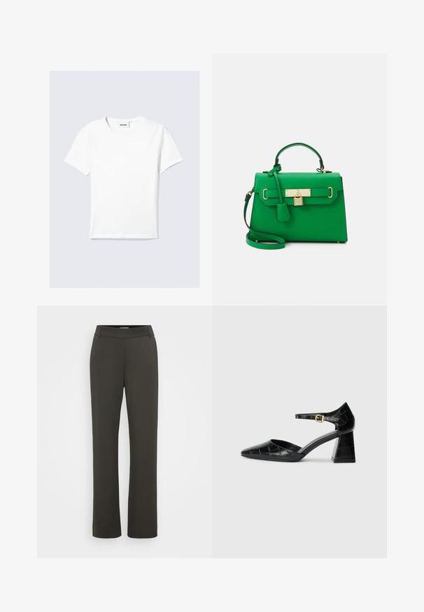 Balti trumpomis rankovėmis medvilniniai marškinėliai, su apvalia iškirpte ir tiesia apačia. Minimalistinio dizaino, be matomų raštų ar akcentų.; Tamsiai žali kelnės iš lygaus, tamprumo audinio, pasižyminčios plokščiu juosmeniu ir tiesiu sijonu. Nėra matomų kišenių ar dekoracijų.; Juodos lakinės odos aukštakulniai batai su smailiu kumščiu, kulkšnies dirželiu ir tekstūruotu krokodilo raštu. Kvadratinis stulpelis.; Žalia odinė rankinė su struktūrizuotu dizainu, auksiniais aksesuarais, viršutine rankena ir nuimamu peties diržu. Pabrėžia užrakinimo akcentą ir tekstūruotą apdailą.