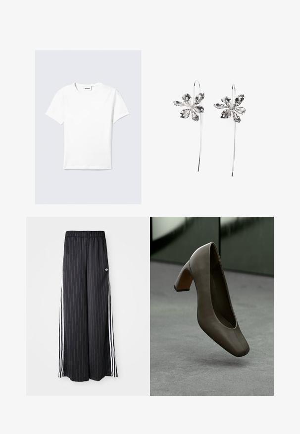 White short-sleeve t-shirt made of cotton, featuring a round neck and a straight hem. Minimalist design with no visible patterns or accents.; Black wide-leg pants with vertical white stripes, elastic waistband, and three white stripes along the side. Adidas logo on the front.; Dark olive green leather high-heeled shoe with square toe and block heel, floating above a gray concrete floor with a blurred green background.; Silver flower-shaped earrings with a textured finish, featuring long hooks and petal-like details for an intricate design.