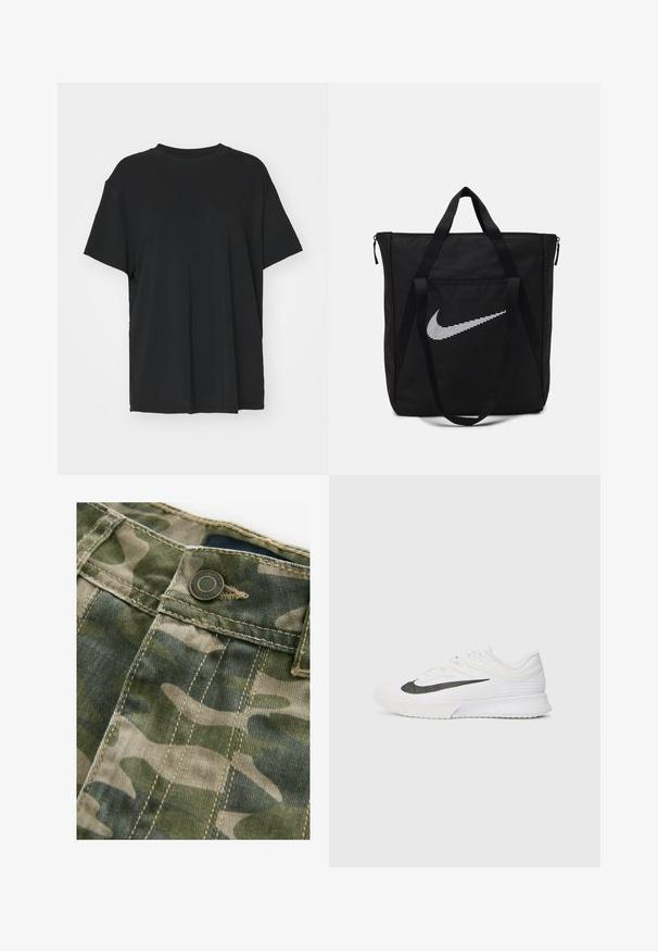 Tricou negru cu mânecă scurtă, fabricat dintr-un material neted, cu guler rotund și croială lejeră. Dispune de fante laterale pentru un plus de confort și respirație.; Tift din camuflaj cu nuanțe de verde și bej, având cusături vizibile, un buton metalic și o textură netedă.; Pantof cu sport alb, cu suprapunere din plasă texturată, dungi negre cu logo, guler căptușit și talpă din cauciuc cu model de aderență.; Geantă tote din nailon negru, cu două mânere rezistente și închidere cu zip. Prezintă un logo alb Nike, proeminent, într-un design cu dungi orizontale.