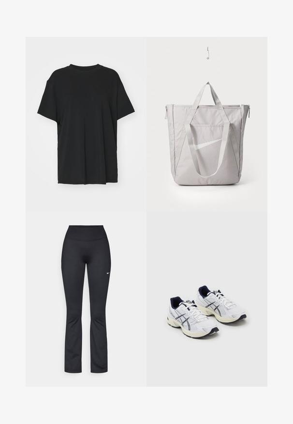 Černé tričko s krátkým rukávem vyrobené z hladkého materiálu, s kulatým výstřihem a volným střihem. Obsahuje boční rozparky pro větší pohodlí a prodyšnost.; Černé sportovní legíny s vysokým pasem, vyrobené z hladké, elastické tkaniny. Na levém stehně je malý bílý logo Nike.; ASICS SportStyle GEL 1130 - Tenisky - white/midnight; Šedá taška přes rameno s vyztuženými uchy, přední kapsou na zip a bílým logem Nike swoosh. Vyrobena z odolné tkaniny s hladkou texturou.