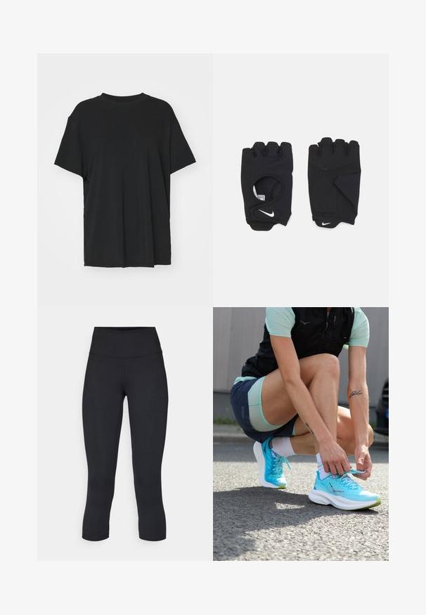 Melna īsām piedurknēm T-krekli, izgatavots no gludas auduma, ar apaļu kakla izgriezumu un brīvu piegriezumu. Satur sānu šķēlumu, lai nodrošinātu papildu komfortu un gaisa caurlaidību.; Melnas apgrieztas legingi, izgatavoti no elastīga auduma, ar augstu jostasvietu un gludu tekstūru, bez redzamām rakstu vai aksesuāriem.; Vieglie turkoza skriešanas apavi ar teksturētu režģa augšdaļu, baltām zoles un zaļiem akcentiem, ko cilvēks kurp navelk uz ietves.; Melnas bezpirkstu cimdus, kas izgatavoti no elastīga materiāla, ar atvērtu plaukstas dizainu, satveršanas akcentiem un Nike logo baltā krāsā.
