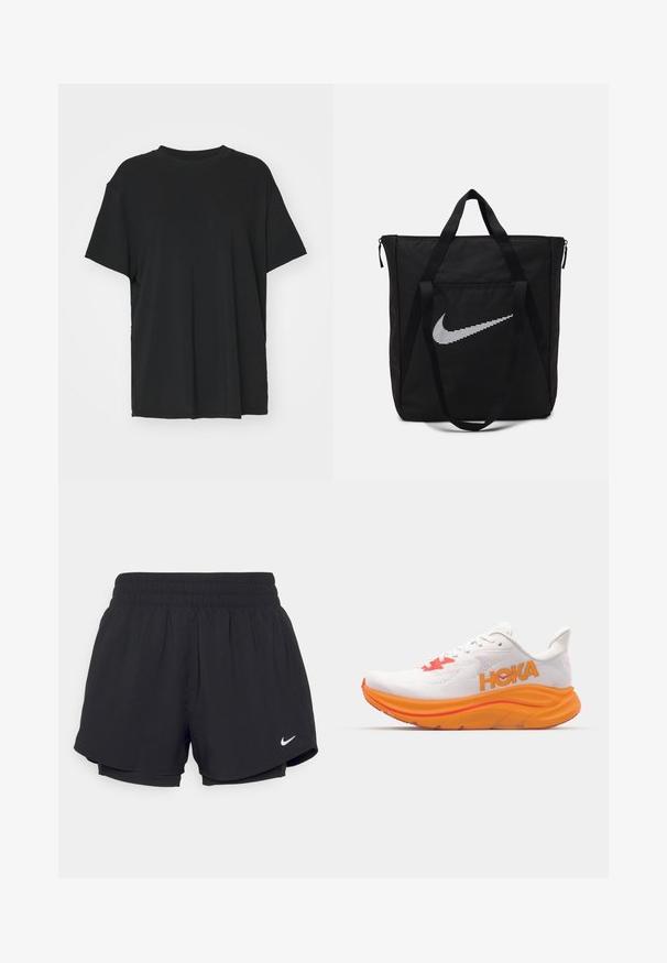 Crna majica kratkih rukava napravljena od glatkog materijala, s okruglim izrezom i slobodnim krojem. Ima bočne proreze za dodatnu udobnost i prozračnost.; Crne sportske kratke hlače s naboranom elastičnom trakom u struku, podstavljene, s bijelim Nike logom na donjoj lijevoj strani. Glatka, lagana tkanina.; Bijela trkačka cipela s narančastim jastučićima i crvenim naglasima. Ima mrežasti gornji dio, logo sa strane i debeli, teksturirani potplat.; Crna najlon torba s dvije čvrste ručke i zatvaranjem na patentni zatvarač. Ima istaknutu bijelu Nike swoosh oznaku u horizontalnom prugastom dizajnu.