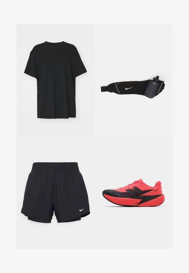 Must have lühikeste varrukatega must t-särk, mis on valmistatud siledast kangast, ümmarguse kaelusega ja laia lõikega. Omab külgslitsid, mis pakuvad lisamugavust ja hingavust.; Mustad mustad lühikesed püksid kokkutõmmatava elastse vöökohtadega, sisemise voodriga ja valge Nike logo alumises vasakus nurgas. Sile, kerge kangas.; Käimisjalatsid erksast roosast ülemisest osast ja mustadest aktsentidest. Omab tekstureeritud disaini, kerget tallat ja FUELCELL brändingut külgedel.; Mustmust vöö musta veepudeli hoidjaga, millel on reguleeritav rihm, esipinnal valge Nike logo, hall veepudeli hoidja ja valged aktsentõmblused.