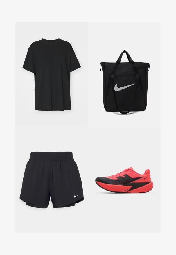 Crna majica kratkih rukava napravljena od glatkog materijala, s okruglim izrezom i slobodnim krojem. Ima bočne proreze za dodatnu udobnost i prozračnost.; Crne sportske kratke hlače s naboranom elastičnom trakom u struku, podstavljene, s bijelim Nike logom na donjoj lijevoj strani. Glatka, lagana tkanina.; Trkačka cipela s svijetlopinkastim gornjim dijelom i crnim akcentima. Sadrži teksturirani dizajn, lagani potplat i FUELCELL oznaku sa strane.; Crna najlon torba s dvije čvrste ručke i zatvaranjem na patentni zatvarač. Ima istaknutu bijelu Nike swoosh oznaku u horizontalnom prugastom dizajnu.