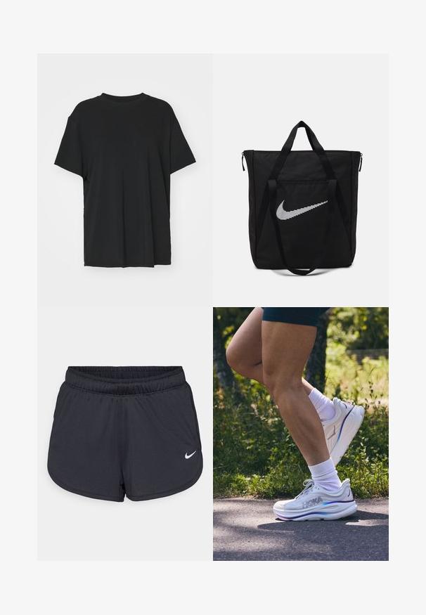 Camiseta negra de manga corta hecha de tejido suave, con cuello redondo y corte holgado. Presenta aberturas laterales para mayor comodidad y transpirabilidad.; Pantalones cortos deportivos negros hechos de un tejido ligero y transpirable. Cuentan con una cintura elástica y el logotipo blanco de Nike en la parte inferior derecha.; Zapatilla deportiva blanca con suela gruesa, con acentos en tonos pastel y detalles de malla. Combinada con calcetines blancos y una pierna bronceada al aire libre.; Bolsa tote negra de nailon con dos asas resistentes y cierre de cremallera. Presenta un destacado logo de Nike en blanco con un diseño de rayas horizontales.