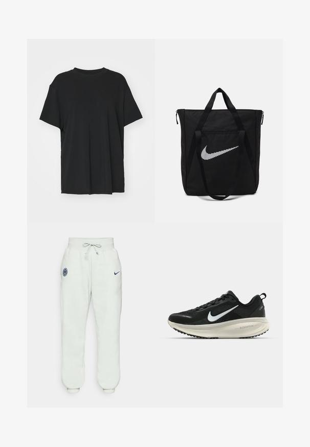 Sort kortærmet t-shirt lavet af glat stof, med rund hals og løs pasform. Har sideskår for ekstra komfort og åndbarhed.; Lysegrå træningsbukser med elastisk talje, snor, ribbede ankler og et marineblåt emblem med et logo på venstre lår.; Sort Nike løbesko med åndbart mesh-overdel, hvidt swoosh-logo, tekstureret detaljering og en cremede ZoomX mellemsål.; Sort nylon tote taske med to solide håndtag og lynlås lukning. Har et fremtrædende hvidt Nike swoosh-logo i et horisontalt stribet design.