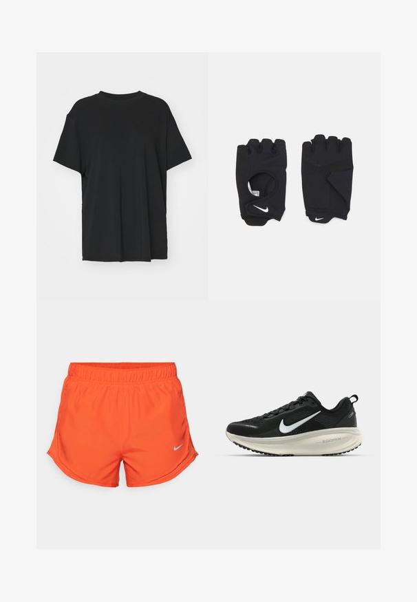 Μαύρο κοντομάνικο μπλουζάκι φτιαγμένο από απαλό ύφασμα, με στρογγυλή λαιμόκοψη και άνετη εφαρμογή. Διαθέτει πλευρικές σχισμές για επιπλέον άνεση και αναπνοή.; Πορτοκαλί αθλητικές βερμούδες φτιαγμένες από ελαφρύ υλικό, με ελαστική μέση και ένα μικρό ανακλαστικό λογότυπο Nike στην κάτω αριστερή πλευρά.; Μαύρο αθλητικό παπούτσι Nike με αναπνεύσιμο μανίκι από ύφασμα, λευκό λογότυπο swoosh, ανάγλυφη λεπτομέρεια και μεσαία σόλα ZoomX σε κρέμα απόχρωση.; Μαύρα γάντια χωρίς δάχτυλα φτιαγμένα από ελαστικό υλικό, με σχεδίαση που αφήνει την παλάμη ανοικτή, λεπτομέρειες με αντιολισθητική υφή και το λογότυπο της Nike σε λευκό χρώμα.