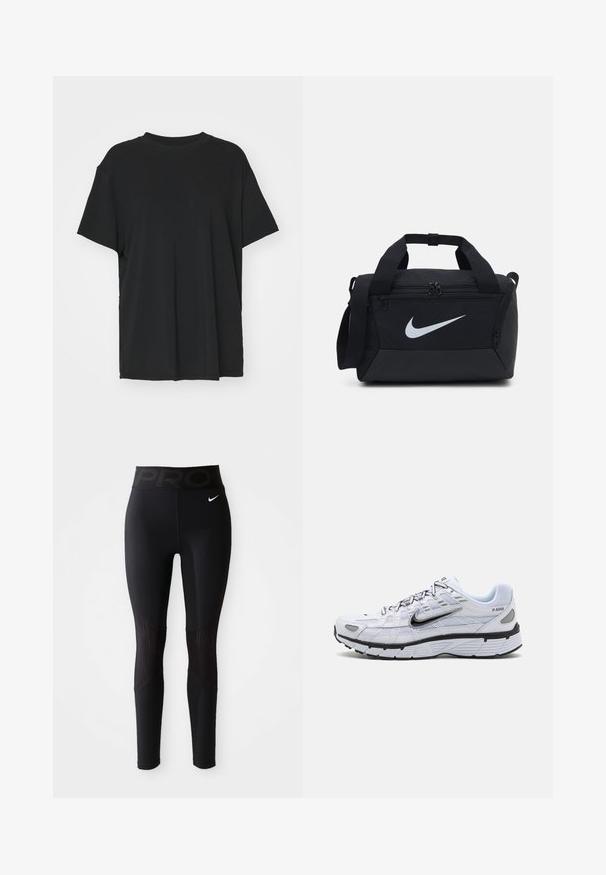 Black short-sleeve t-shirt made of smooth fabric, with a crew neck and loose fit. Features side slits for added comfort and breathability.; Black athletic leggings with a wide waistband featuring "PRO" text, smooth texture, and ribbed accents on the sides for added detail.; White running shoe with mesh upper, rounded toe, black accents, and a patterned sole. Features lacing and branding on the side.; Black duffel bag with a smooth fabric, dual zippered compartments, padded handles, and a large white Nike logo on the front.