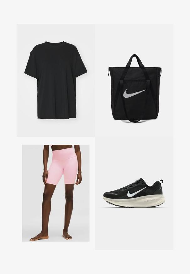 Czarna krótko rękawowa koszulka wykonana z gładkiego materiału, z okrągłym dekoltem i luźnym krojem. Posiada boczne rozcięcia, które zapewniają dodatkowy komfort i przewiewność.; Jasnoróżowe szorty rowerowe z wysokim stanem, gładką teksturą i dopasowanym krojem, sięgające do połowy uda. Brak widocznych metalowych elementów lub wzorów.; Czarna biegowa półbut z oddychającej siateczki, białym logo swoosh, teksturowanymi detalami oraz kremową podeszwą środkową ZoomX.; Czarna nylonowa torba na ramię z dwoma solidnymi uchwytami i zamknięciem na zamek. Posiada wyraźne białe logo Nike w poziomym paskowanym wzorze.