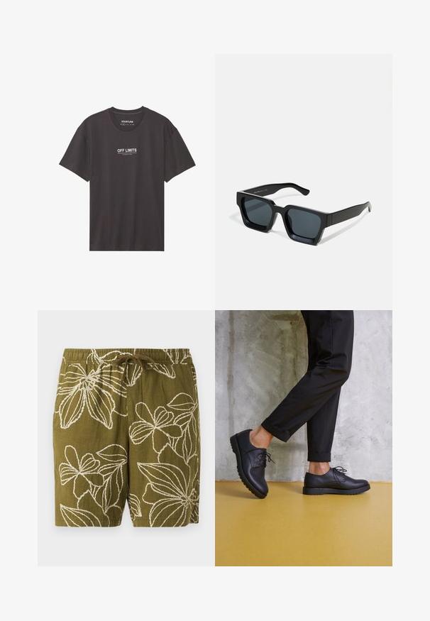 Melna īsās piedurknes T-krekls izgatavots no kokvilnas ar apaļu kaklu. Priekšpusē ir balts teksts "AIZLIEGTS" un "BĪSTAMA ZONA".; Olīvzaļi lina šorti ar baltu ziedu izšuvumu, aprīkoti ar elastīgu jostasvietu un auklu, kas nodrošina regulējamu fit.; Melnas ādas sakaltas kurpes ar noapaļotu purngalu, teksturētu virsmu un biezu gumijas zoli. Valkātas ar sarullētām melnām biksēm uz betona fona.; Melnas taisnstūra saulesbrilles ar tumšiem stikliem. Biezs, gluds plastmasas rāmis ar nedaudz spīdīgu virsmu un taisnām tempļu daļām.