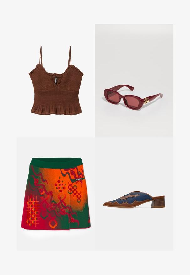 Hnědý crop top s tenkými ramínky, vyrobený z texturované látky, s nařasením a volánkovým lemem pro dobře padnoucí siluetu.; Pletená sukně s jednoduchým zeleným pasem a živými vzory v červené a oranžové barvě, s geometrickými designy a texturovanými akcenty.; Džínové nazouvací muly s špičatou špičkou, hnědými koženými akcenty a detailem šití ve vlnkovém vzoru. Nízký, vrstvený dřevěný podpatek.; Červené plastové sluneční brýle s obdélníkovými rámy, tónovanými skly a zlatým logem na nožičkách. Hladký, lesklý povrch.; Žlutá pletená slámová kabelka s V-tvarovaným otvorem pro úchop. Vrchní část má jemný krajkový vzor, spodní část je hladká a strukturovaná.